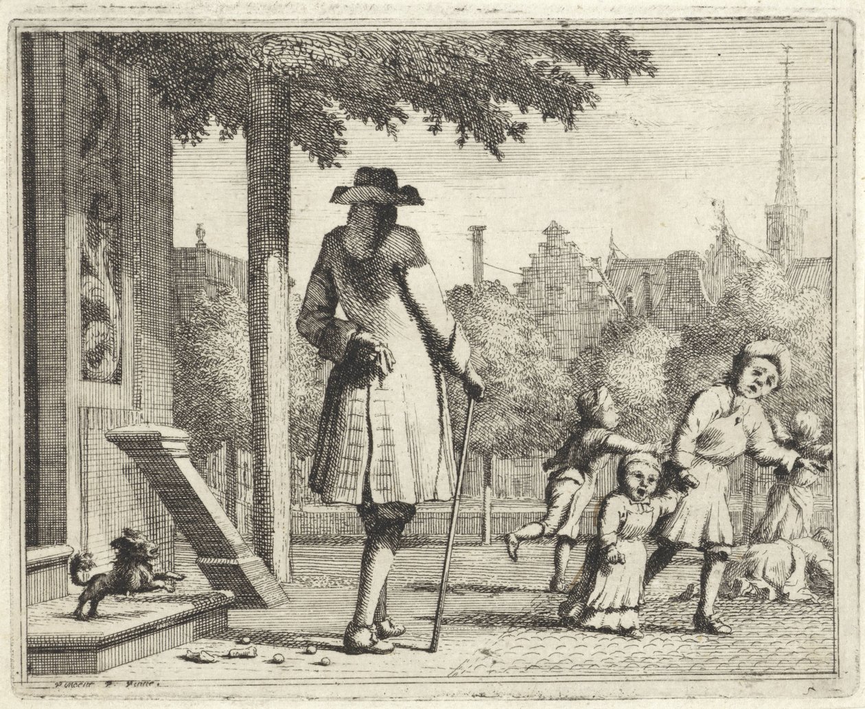 Hond blaft naar een man in een straat door Vincent Laurensz. van der Vinne (II)