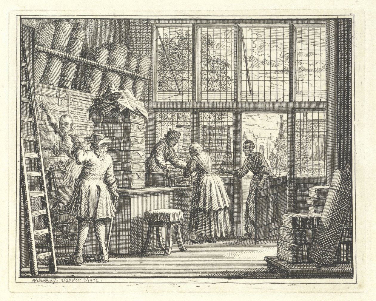 Interieur van een stoffenwinkel door Vincent Laurensz. van der Vinne (II)