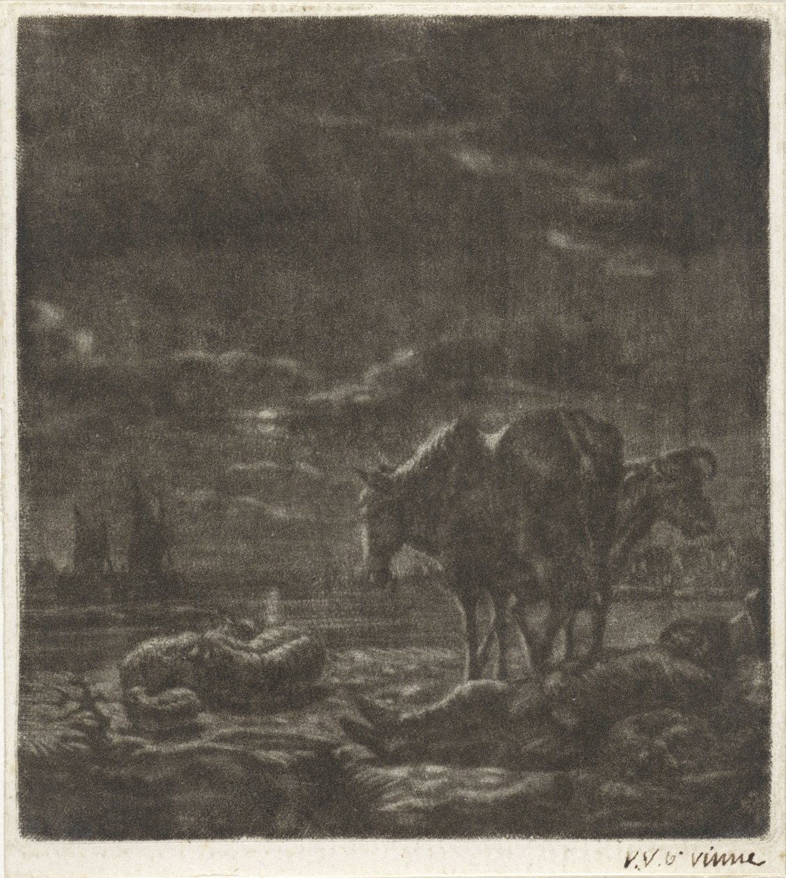 Nachtlandschap met slapende herder en vee door Vincent Laurensz. van der Vinne (II)