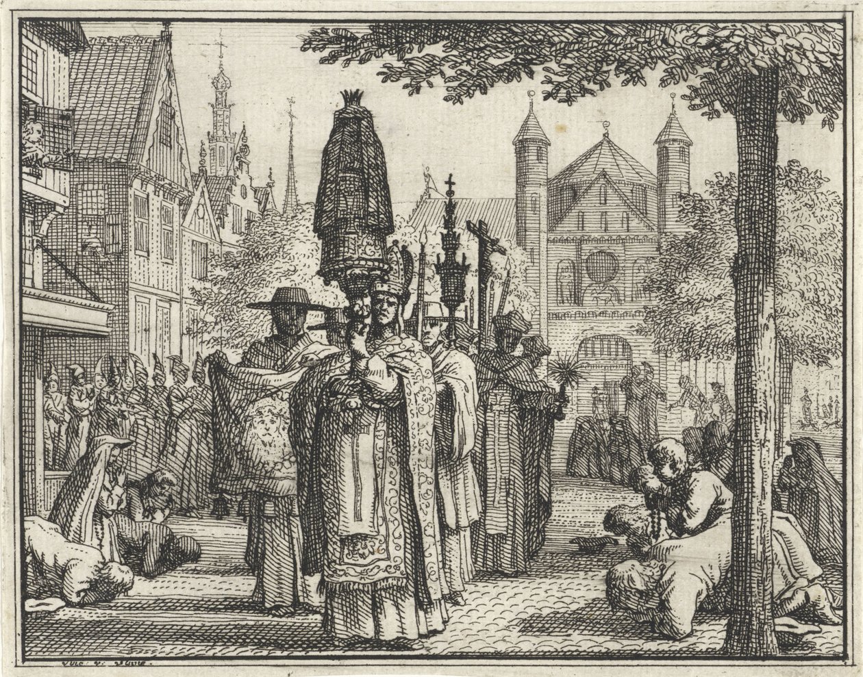 Processie met een beeld door een straat door Vincent Laurensz. van der Vinne (II)