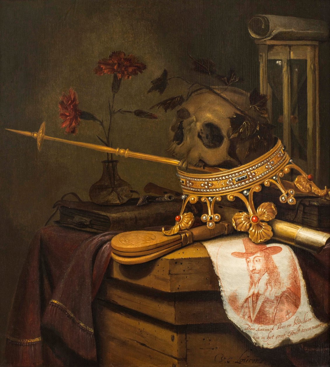 Een vanitas stilleven met een schedel, kroon, scepter, fluit, blaasbalg, zandloper, anjers in een glazen vaas, rol, boek en een gegraveerd portret van Karel I door Vincent Laurensz van der Vinne