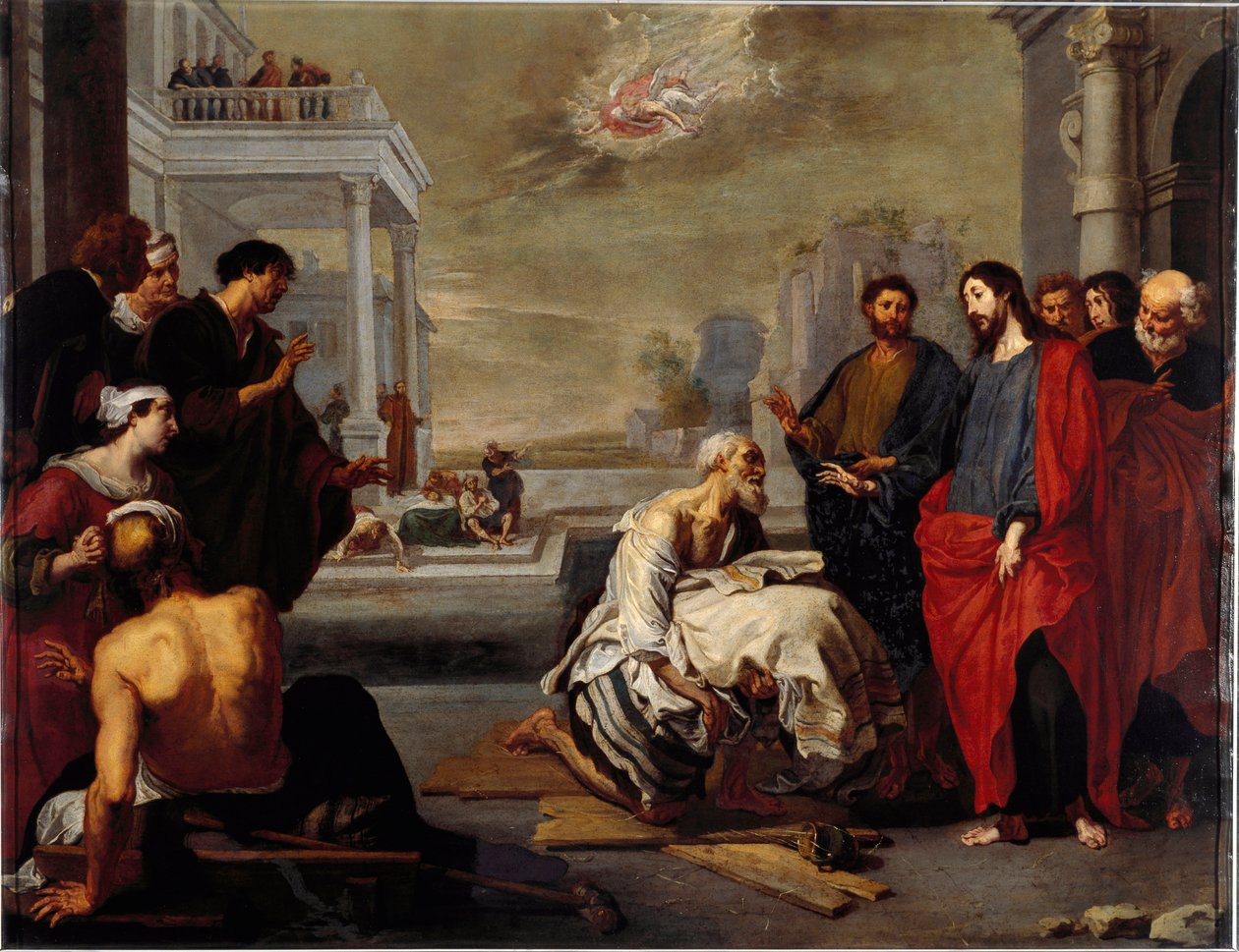 Jezus genas wonderbaarlijk een verlamde in Kafarnaüm Schilderij door Vincent Malo (ca. 1600-1650) door Vincent Malo