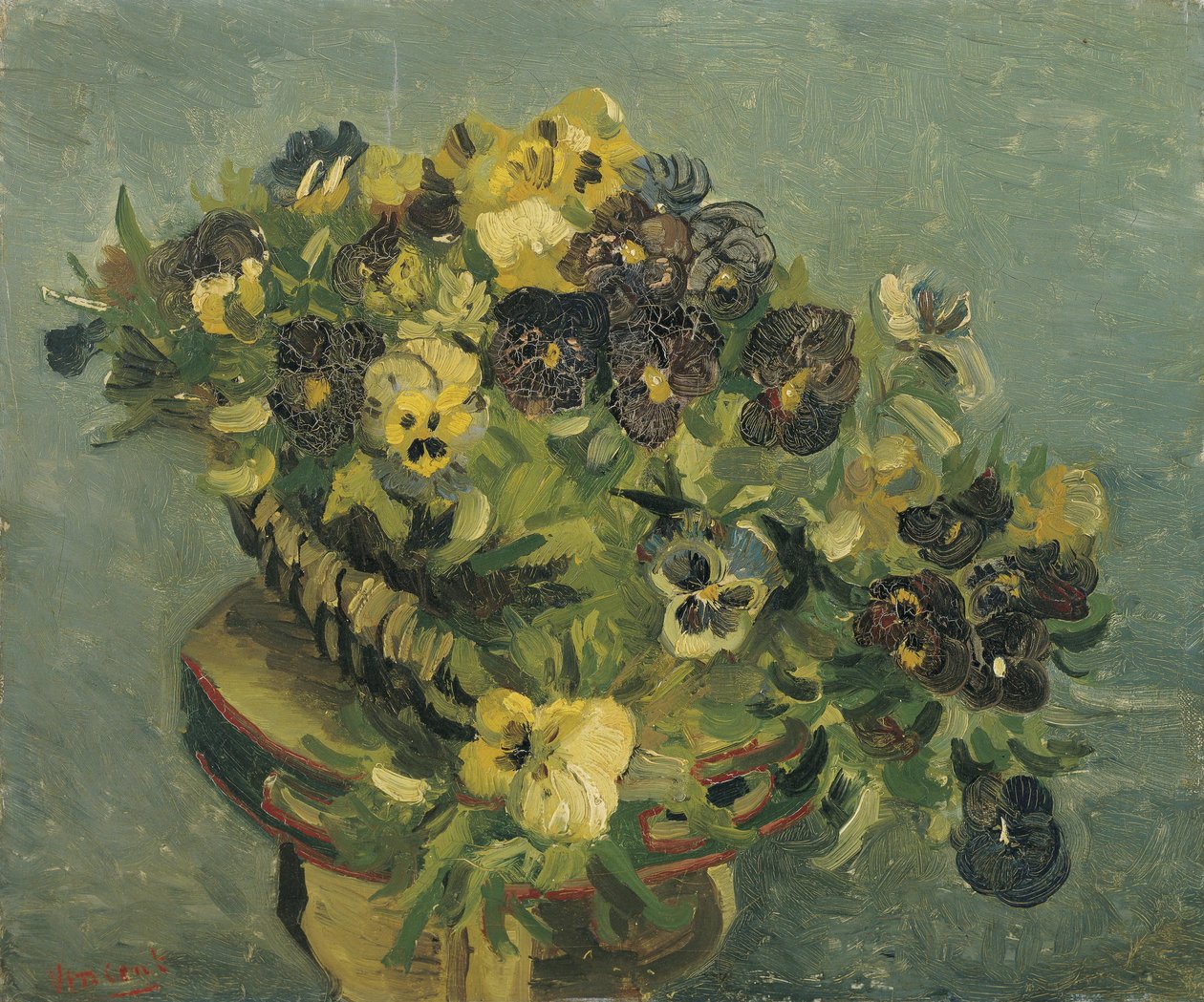 Een mand met viooltjes op een klein tafeltje door Vincent van Gogh