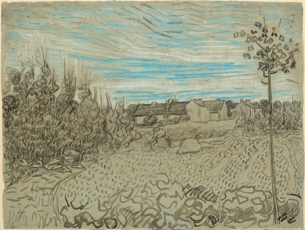 Huisjes met een vrouw die op de achtergrond werkt door Vincent van Gogh