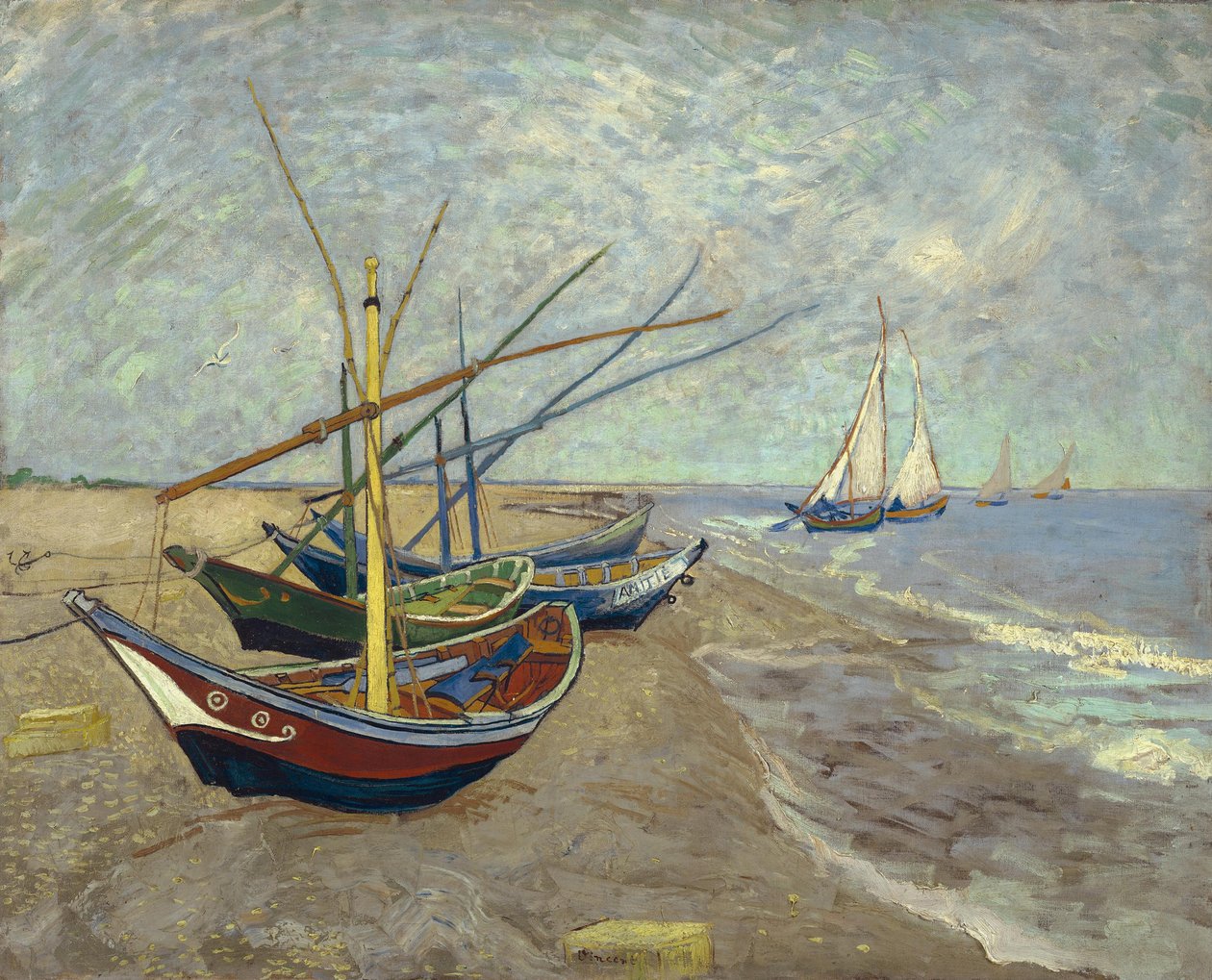 Vissersboten op het strand bij Les Saintes-Maries-de-la-Mer door Vincent van Gogh