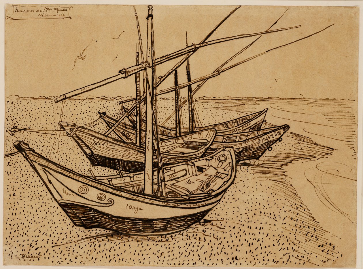 Vissersboten op het strand van Saintes-Maries-de-la-Mer door Vincent van Gogh