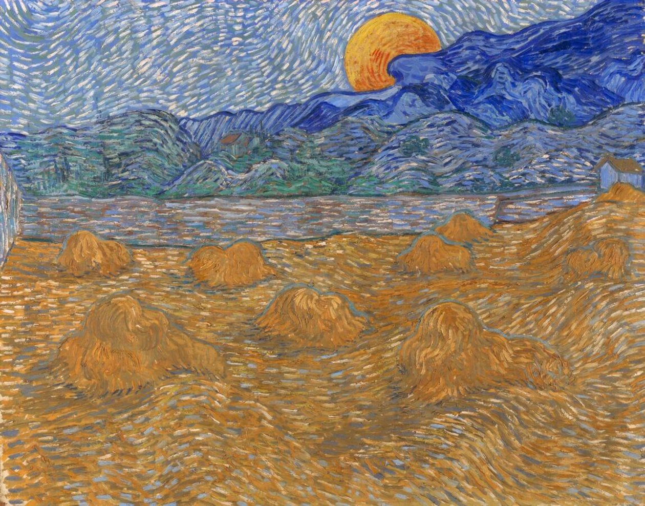 Landschap met tarweschoven en opkomende maan door Vincent van Gogh