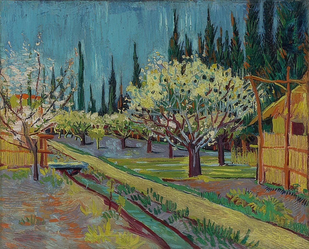 Boomgaard omgeven door cipressen door Vincent van Gogh