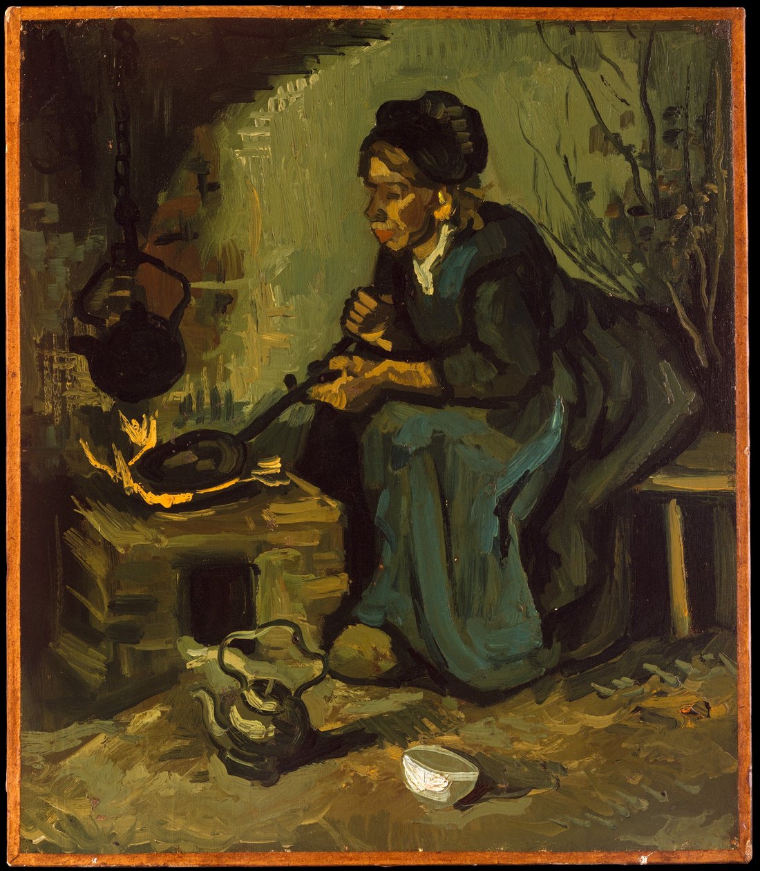 Boerin die kookt bij een haard door Vincent van Gogh