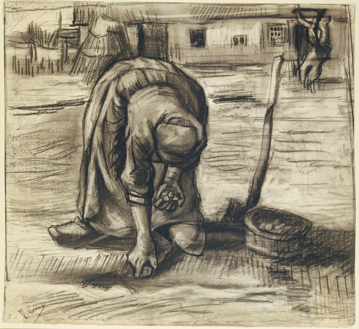Boerin die aardappelen plant door Vincent van Gogh