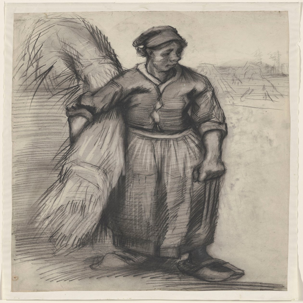 Boerin die een schoof graan draagt, van voren gezien door Vincent van Gogh