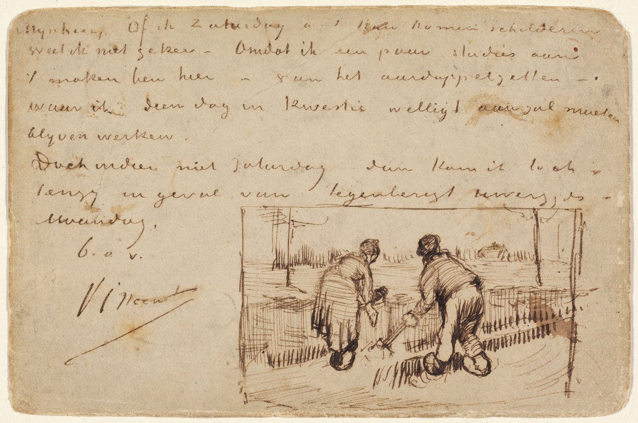 Ansichtkaart met Twee Boeren die Graven door Vincent van Gogh