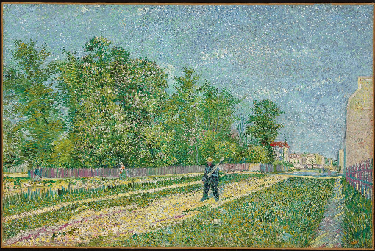 Weg aan de rand van Parijs, boer die een schop op zijn schouder draagt, 1887 door Vincent van Gogh