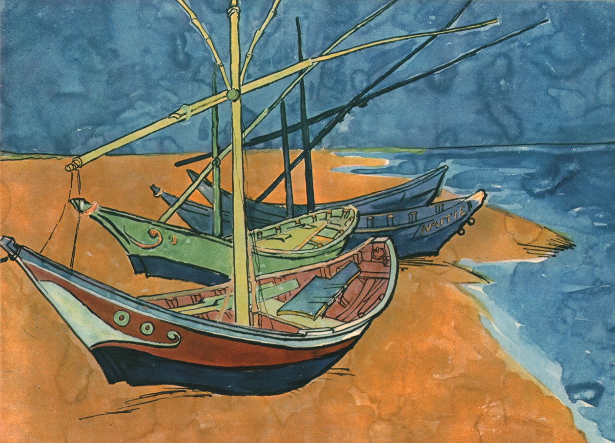 Zeilboten op het strand bij Les Saintes-Maries, juni 1888, 1947 door Vincent van Gogh