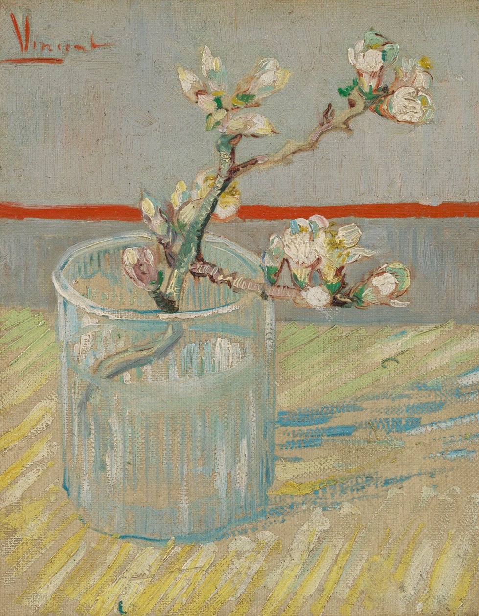 Takje bloeiende amandelbloesem in een glas door Vincent van Gogh