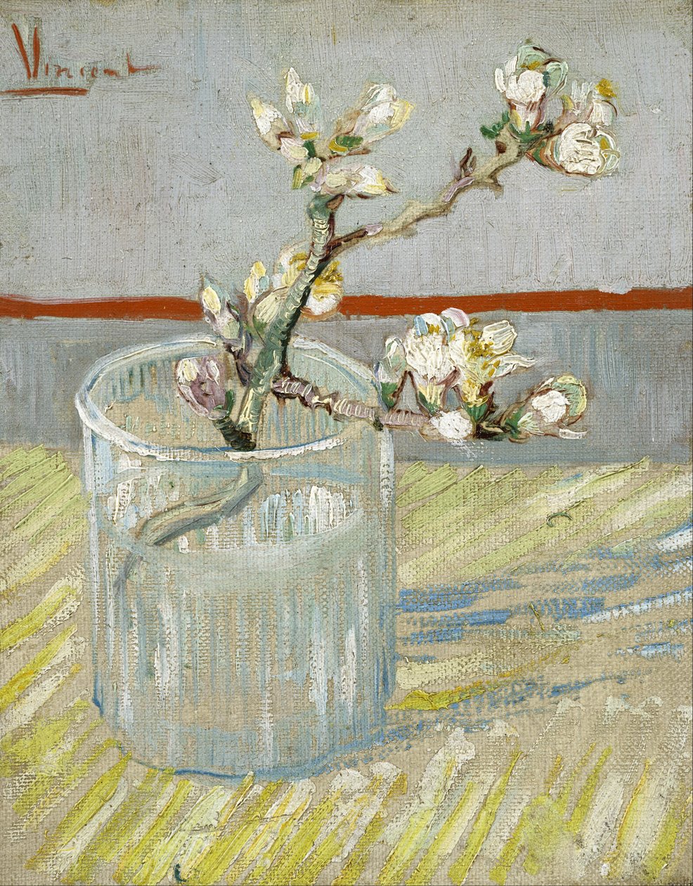 Een takje bloeiende amandelboom in een glas door Vincent van Gogh
