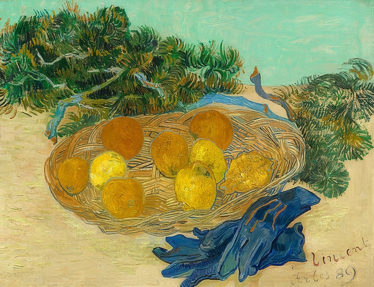 Stilleven met sinaasappels, citroenen en blauwe handschoenen door Vincent van Gogh