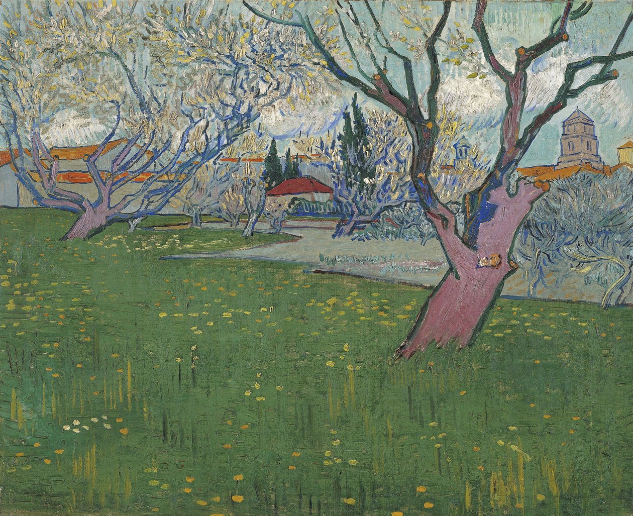 Boomgaarden in bloei, uitzicht op Arles door Vincent van Gogh