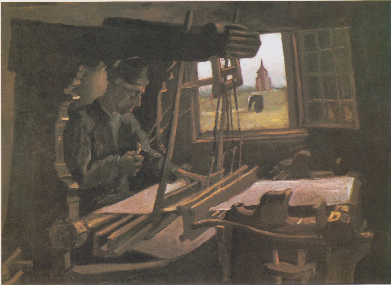 Weber voor een open raam met uitzicht op de toren van Nuenen door Vincent van Gogh
