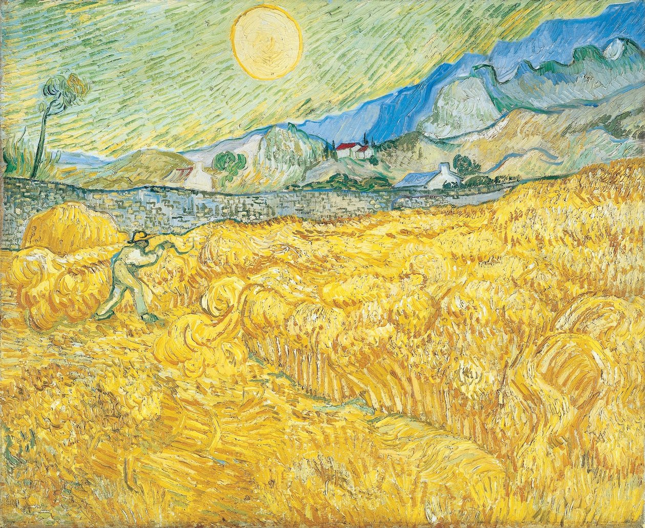 Tarweveld achter het Saint-Paul-ziekenhuis met een maaimachine door Vincent van Gogh