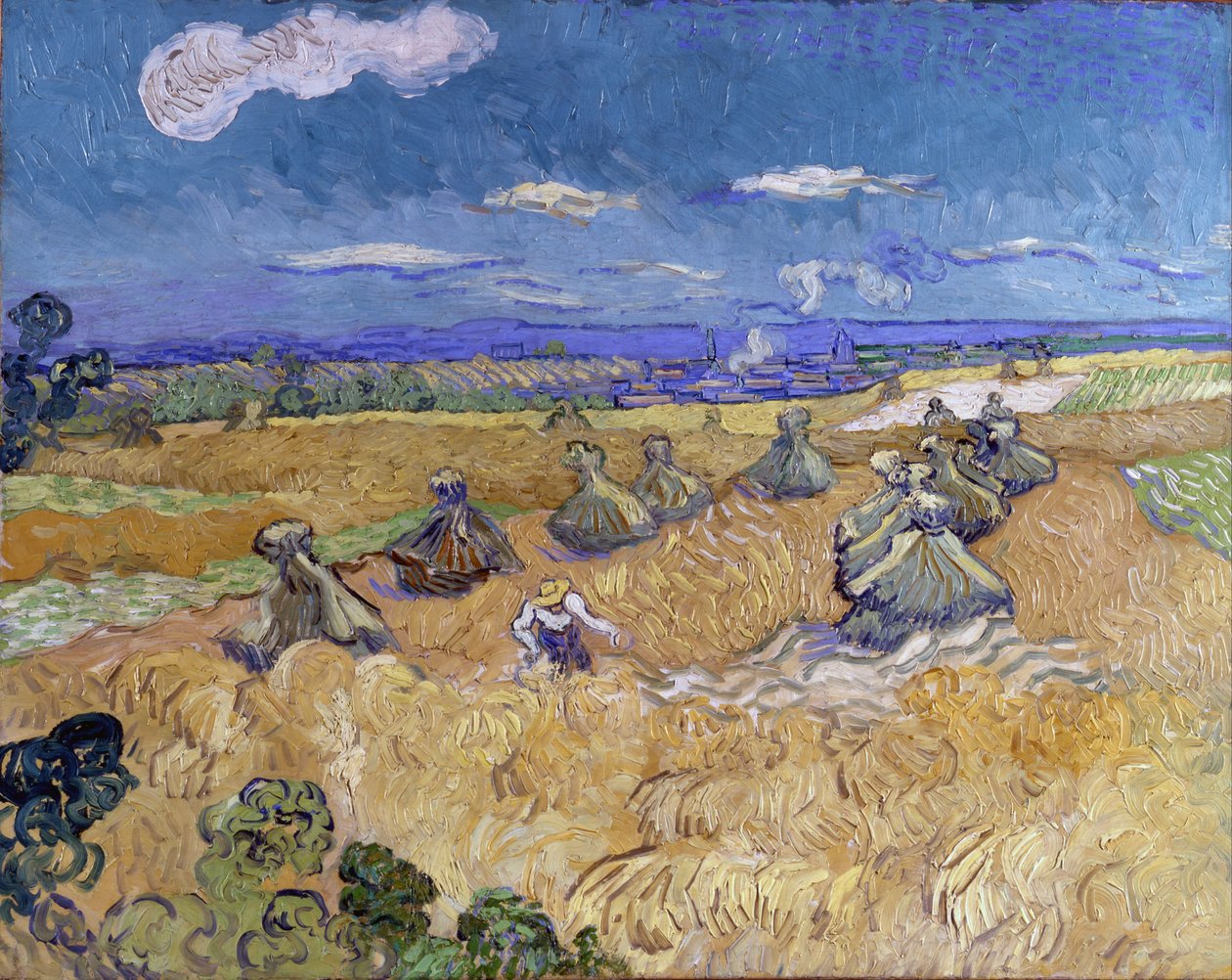 Korenveld met schoven en maaimachine door Vincent van Gogh