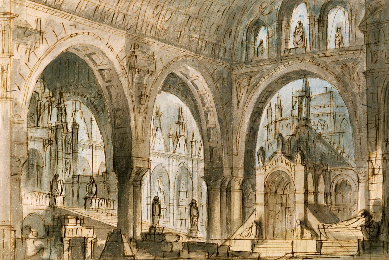 Decorontwerp voor vierde scène van Capuleti en Montecchi, opera door Vincenzo Bellini, uitgevoerd in La Fenice Theater in Venetië door Vincenzo Bellini