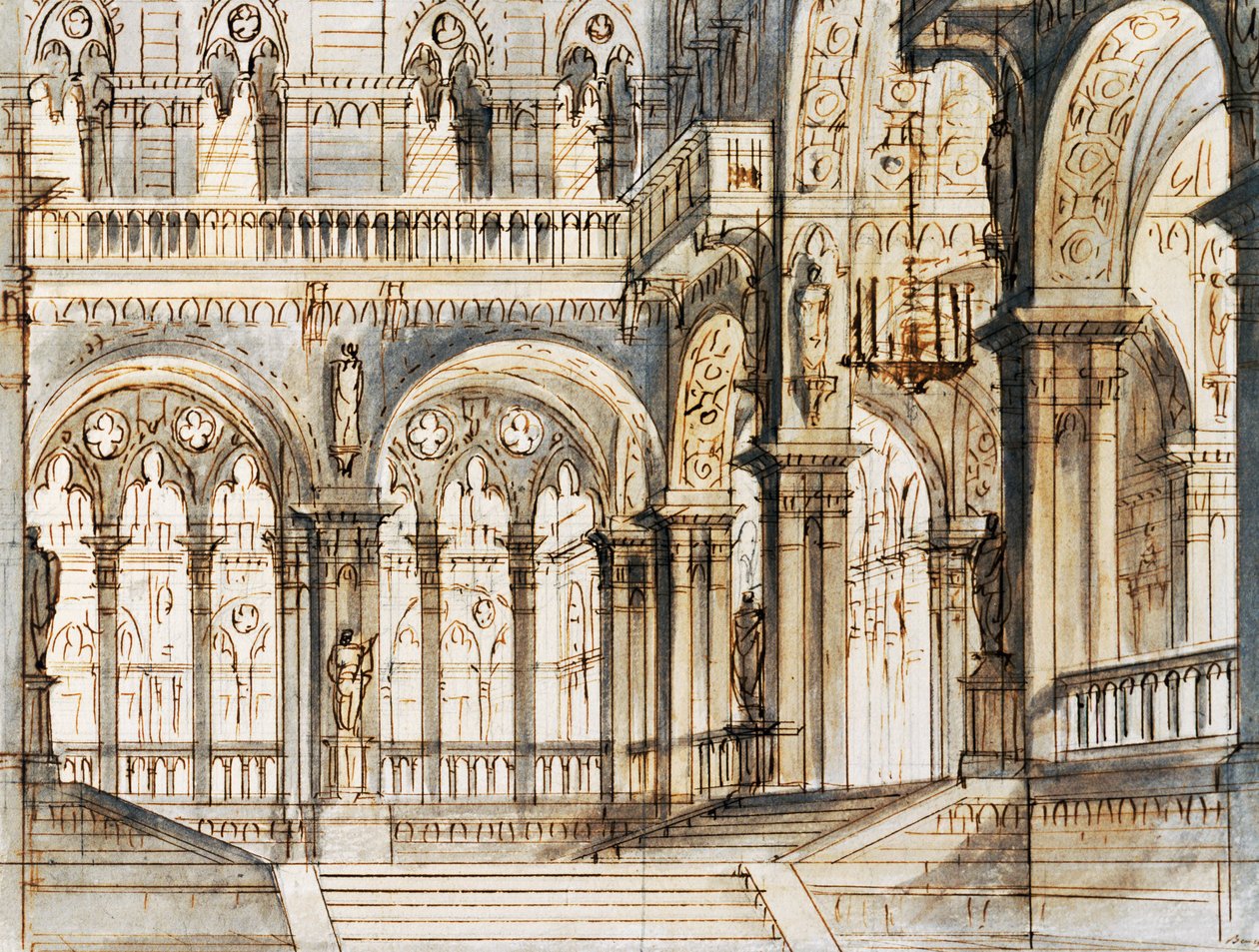 Decorontwerp voor derde scène van Capuleti en Montecchi, opera door Vincenzo Bellini, uitgevoerd in La Fenice Theater in Venetië door Vincenzo Bellini