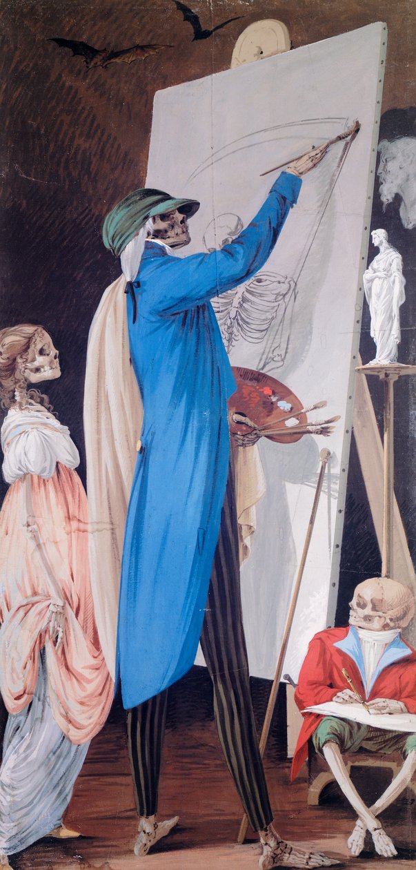 Schilder en zijn vrouw met dwerg, uit Cyclus van Scènes van Levende Skeletten, Paolo Vincenzo Bonomini (1757-1839), tempera op doek Kerk van Santa Grata Inter Vites, in Borgo Canale, Bergamo, Italië door Vincenzo Bonomini