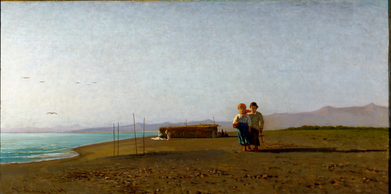 Uitzicht op het strand in Viareggio bij zonsopgang aan de Toscaanse kust, twee kindersilhouetten door Vincenzo Cabianca