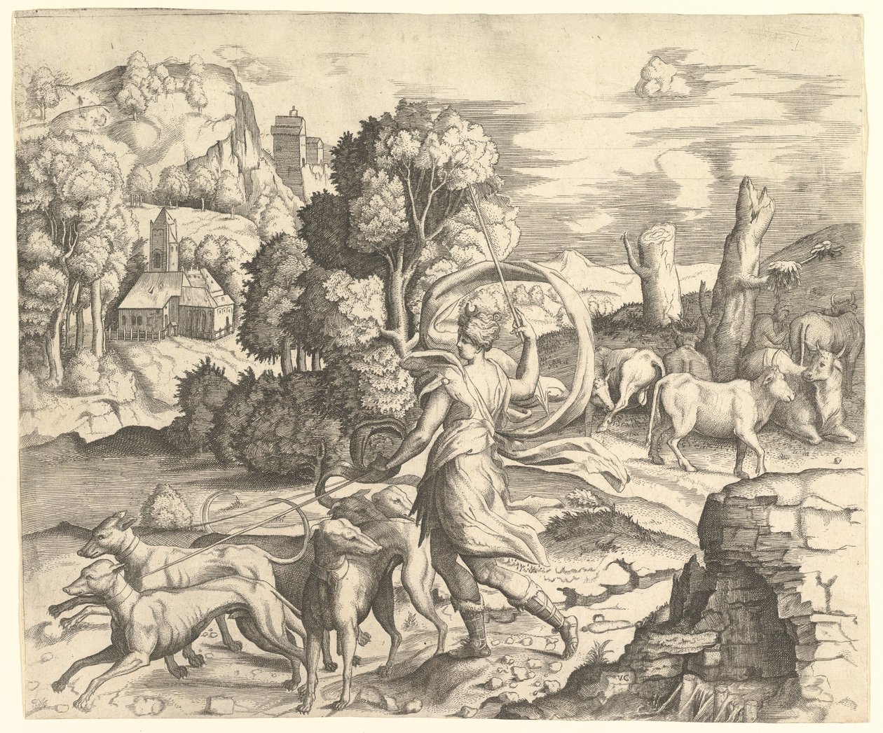 Diana de jager in een landschap, ca. 1530-1542 door Vincenzo Caccianemici
