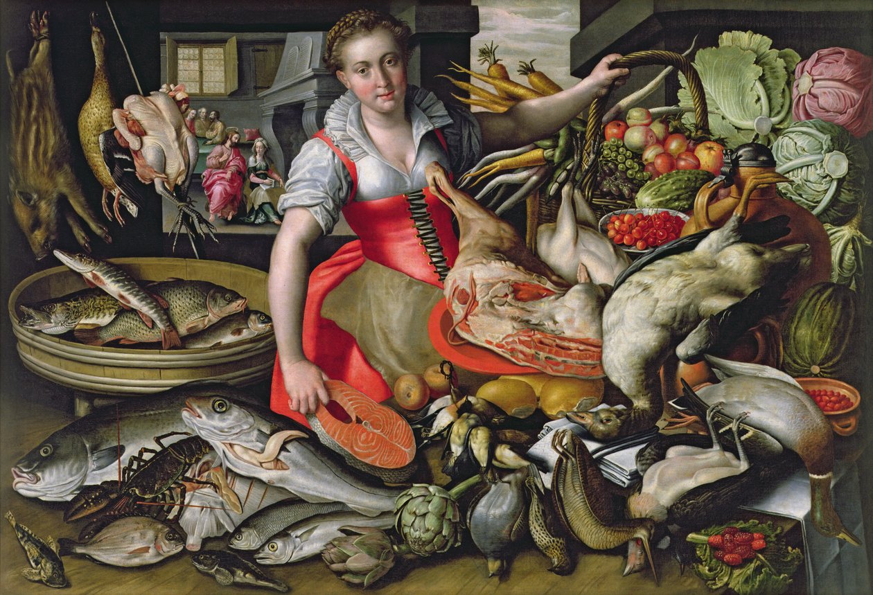 Martha bereidt de maaltijd voor Jezus of Jezus in het huis van Martha en Maria door Vincenzo Campi