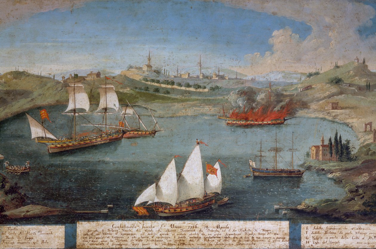 Zeeslag tussen Venetiaanse schepen van Marco Ivanovich Dobrota en Turkse schepen, 19 april door Vincenzo Chilone