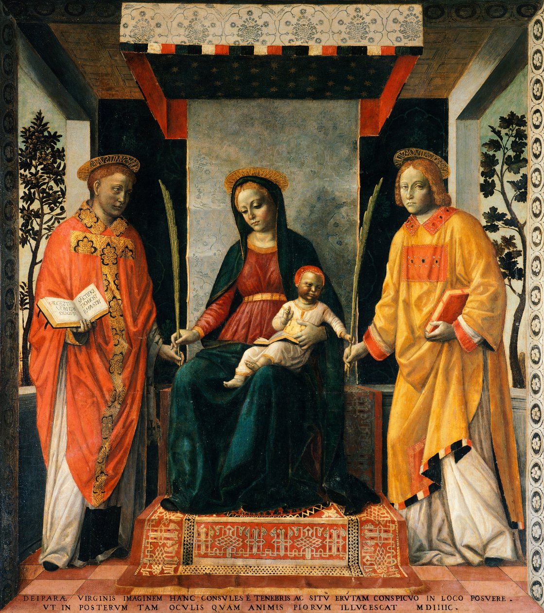 Madonna en Kind tussen St Faustinus en St Jovita door Vincenzo Foppa