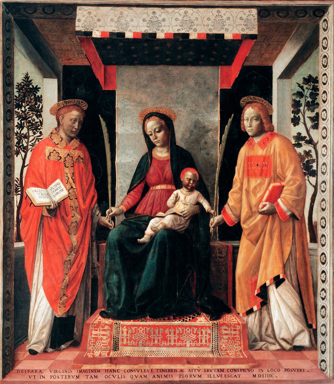 Maagd en Kind omringd door heiligen Faustinus en Jovita door Vincenzo Foppa