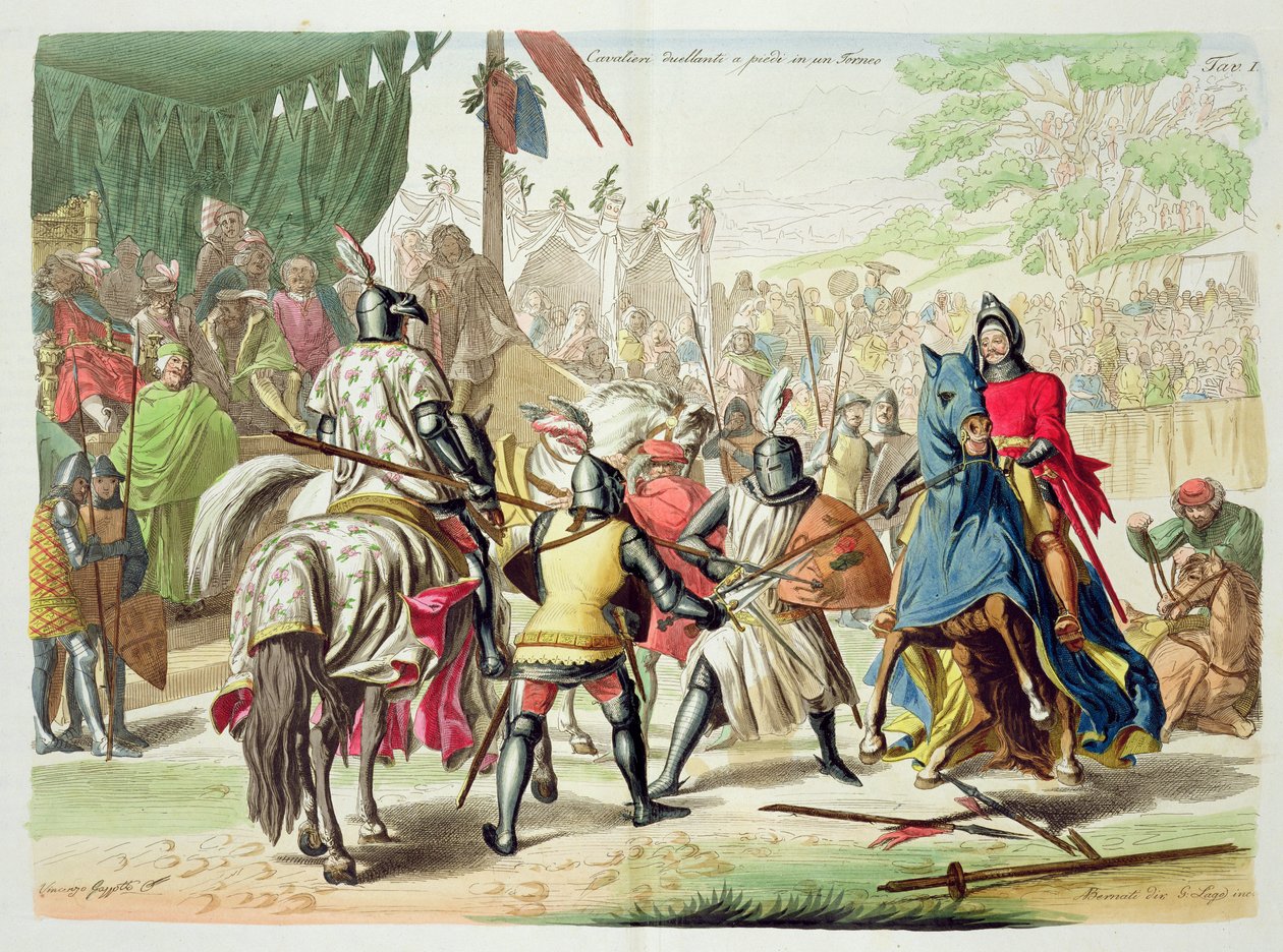 Ridders die te voet duelleren in een toernooi, plaat 1 uit De geschiedenis van de naties, gegraveerd door G. Lago door Vincenzo Gazzotto