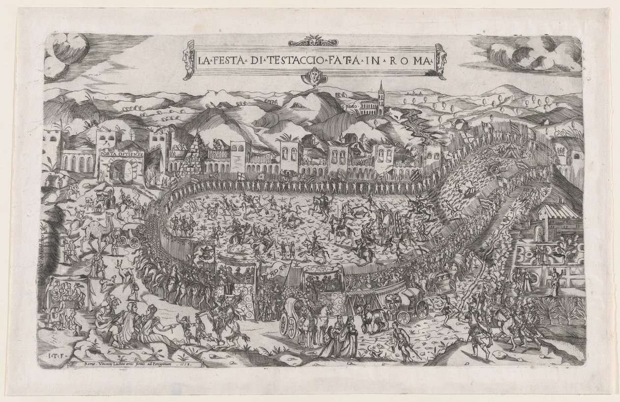 Speculum Romanae Magnificentiae: Carnavalswedstrijden gehouden op de Monte Testaccio in Rome, 1558 door Vincenzo Luchino