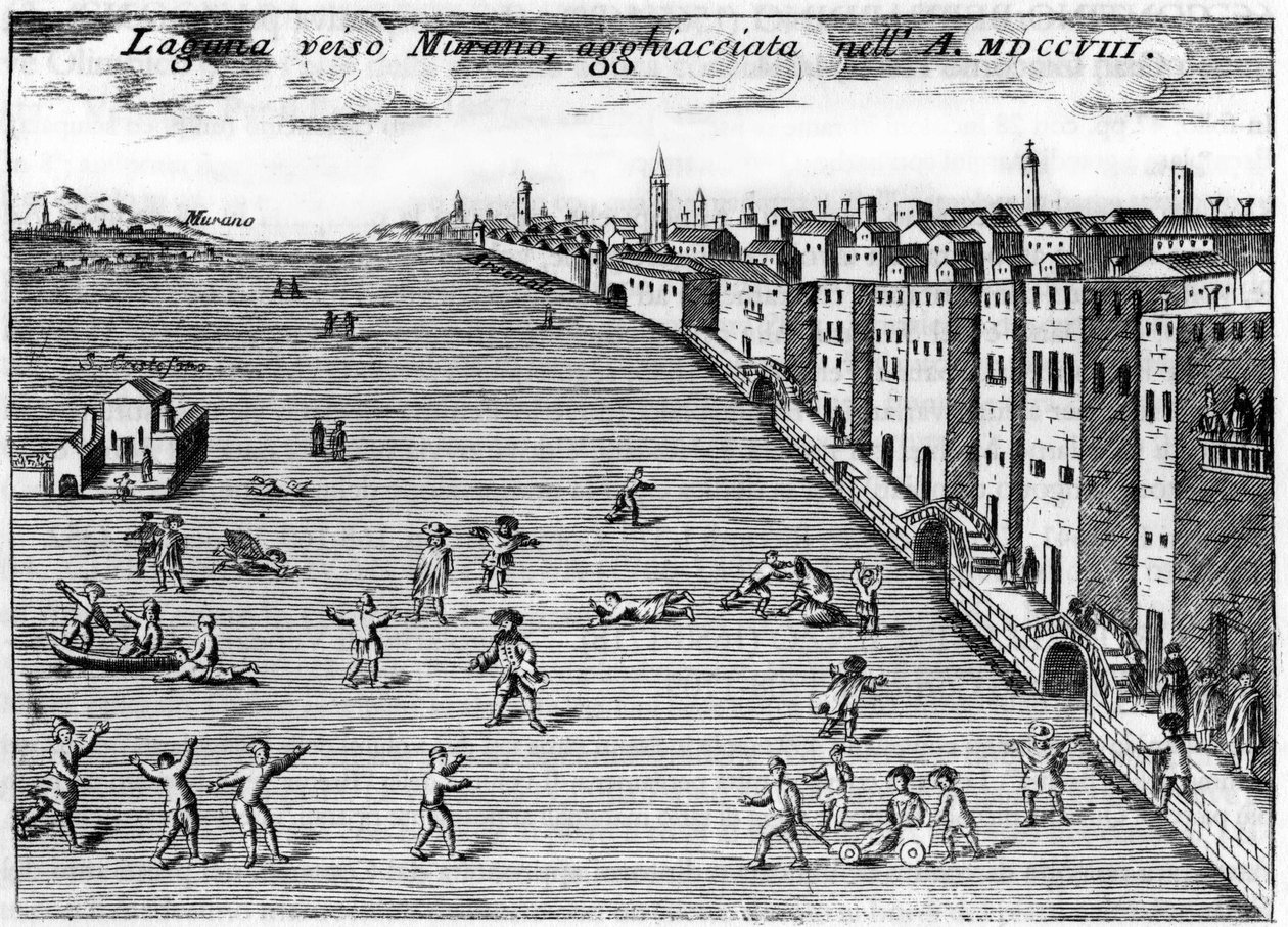 Venetië, Italië. De lagune richting Murano ijs in 1708 in "Singolarita di Venezia" door Vincenzo Coronelli (1650-1718). door Vincenzo Maria Coronelli