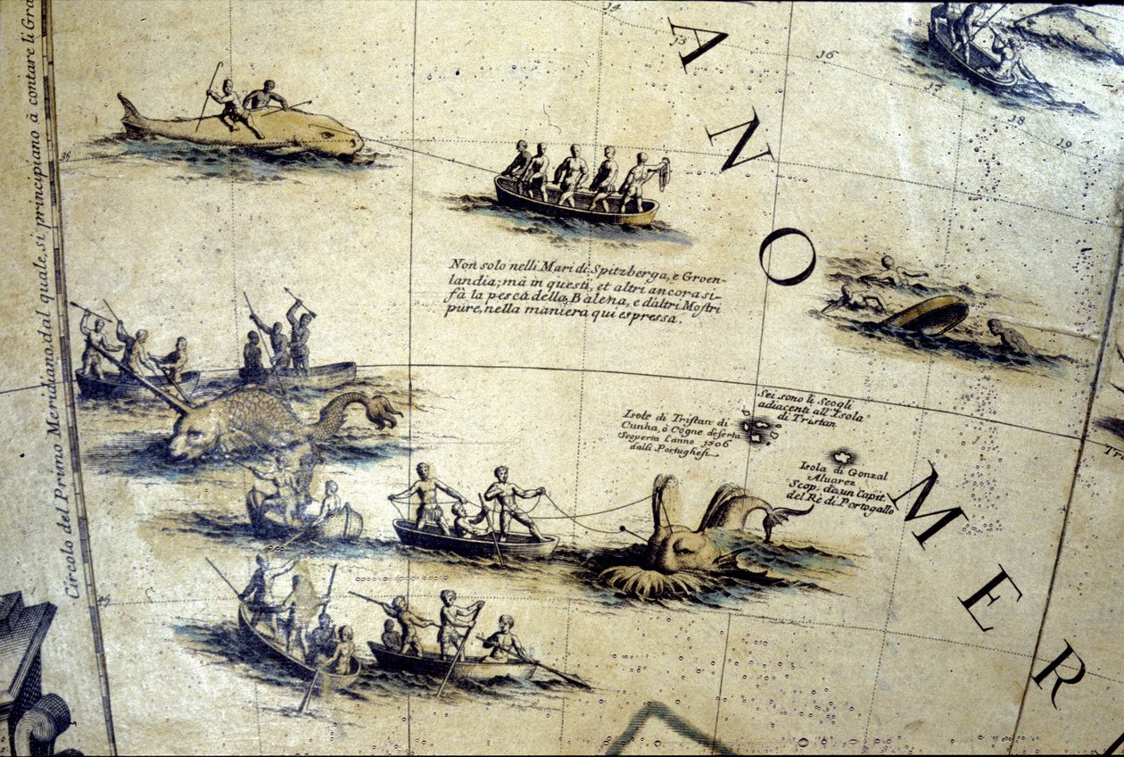 Walvisvangst in de Stille Oceaan. Detail van een 17e-eeuwse Coronelli globe. door Vincenzo Maria Coronelli