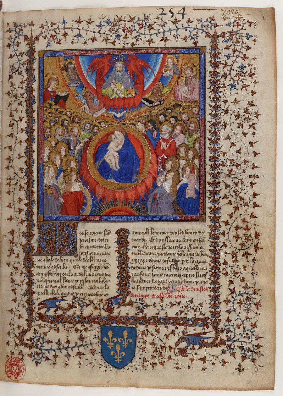 Frontispice van een manuscript van de Gouden Legende: De Maagd en het Kind, omringd door het Hemelse Hof, ontvangen de zegen van God de Vader. door Virgil Master