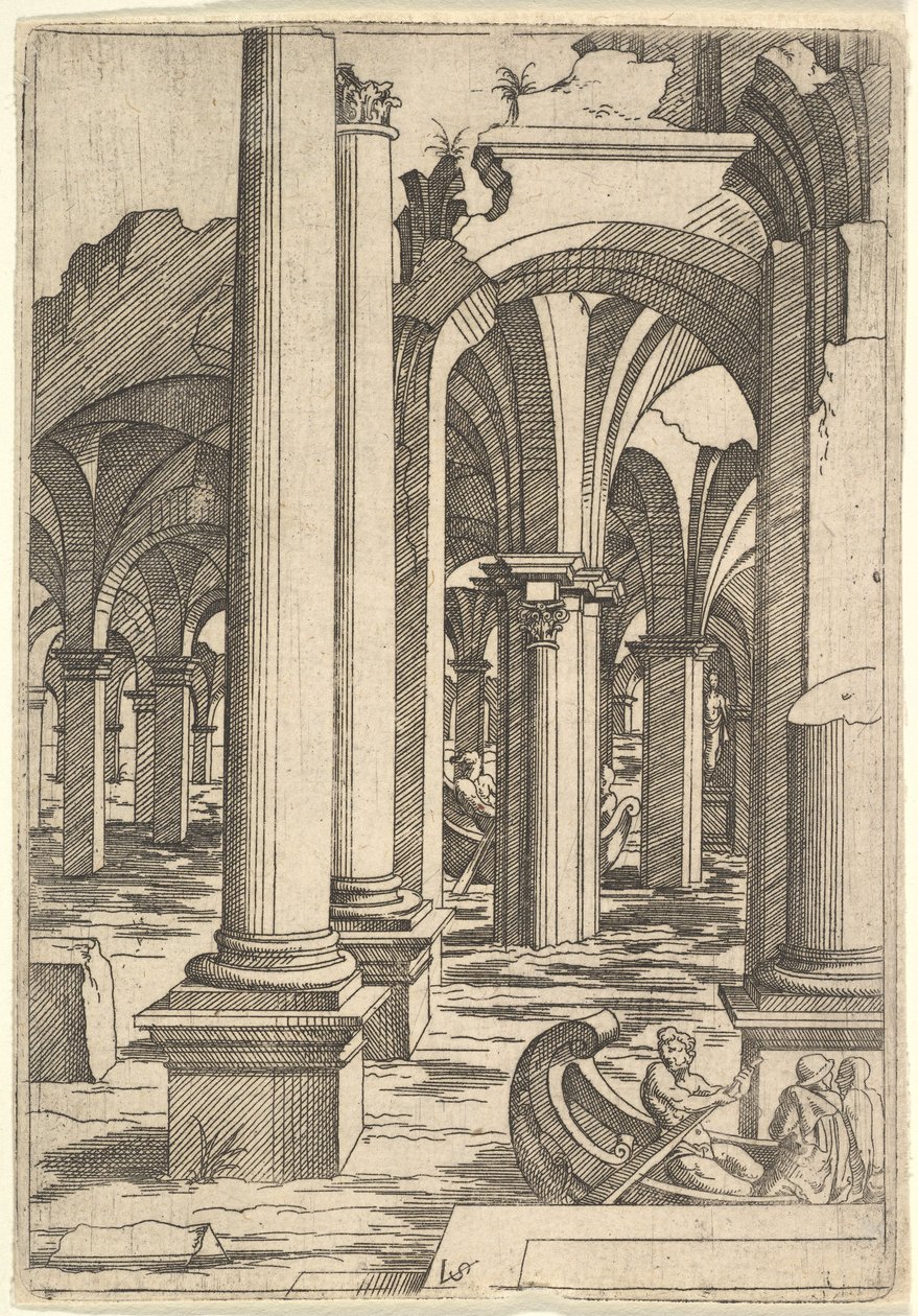 Boten geroeid door overstroomde ruïnes, ca. 1550-62 door Virgil Solis