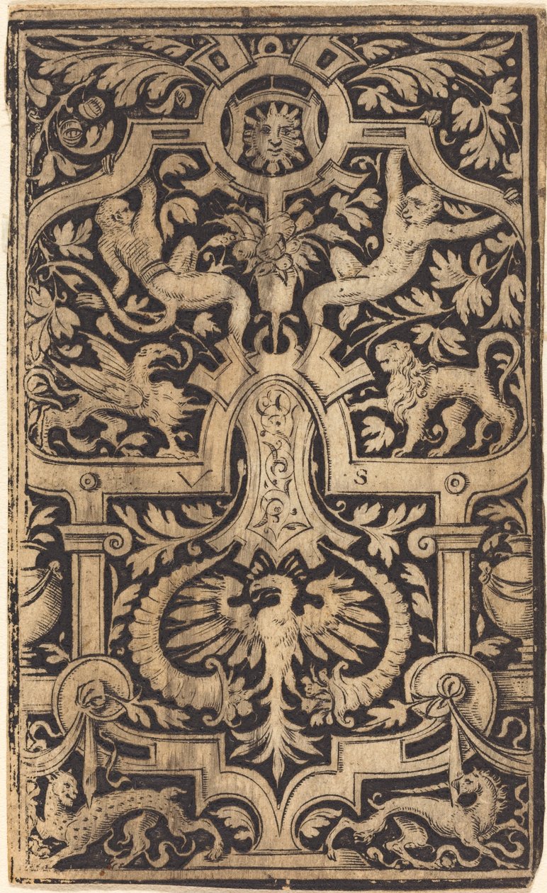 Bandwerk en Bladornament op Donkere Achtergrond met Apen en andere Dieren door Virgil Solis