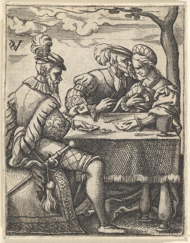 Twee mannen en een vrouw die kaarten spelen aan een tafel, een man drukt zijn neus naar de... door Virgil Solis
