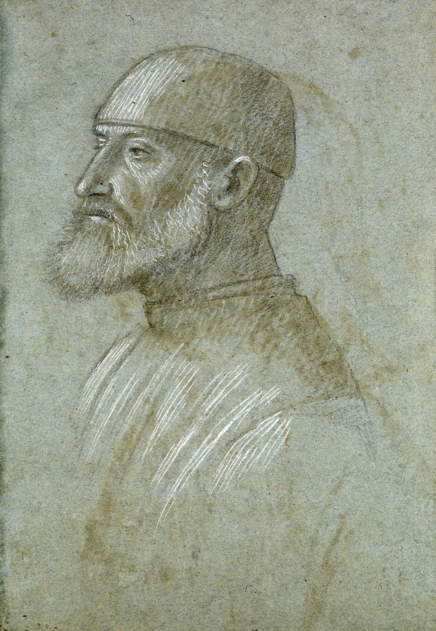 Hoofd van een bebaarde man met een pet, in profiel naar links door Vittore Carpaccio