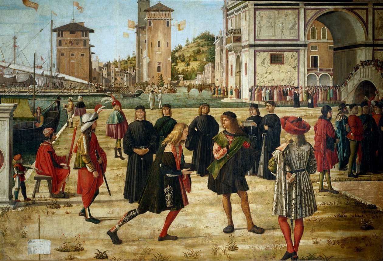 Cyclus van het leven van Sint Ursula (Bretonse prinses). Derde episode: de terugkeer van de Ambassadeurs naar de Koning van Engeland. Detail van de Ambassadeurs. Uittreksel uit de legende doree door Jacques de Voragine (ca. 1228-1298). door Vittore Carpaccio