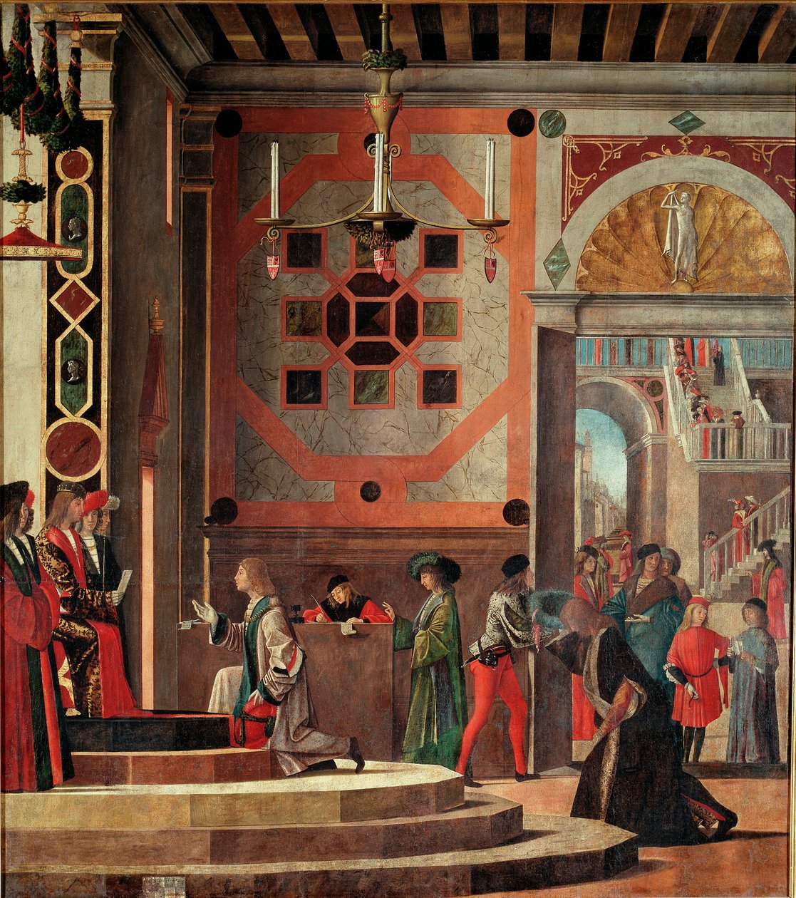 Cyclus van het leven van Sint-Ursula, tweede tafel: Afscheid van ambassadeurs door Vittore Carpaccio