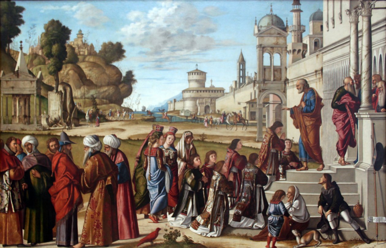 Duits: Die Weihe des Heiligen Stephanus zum Diakon Wijding van de heilige Stephanus tot diaken door Vittore Carpaccio