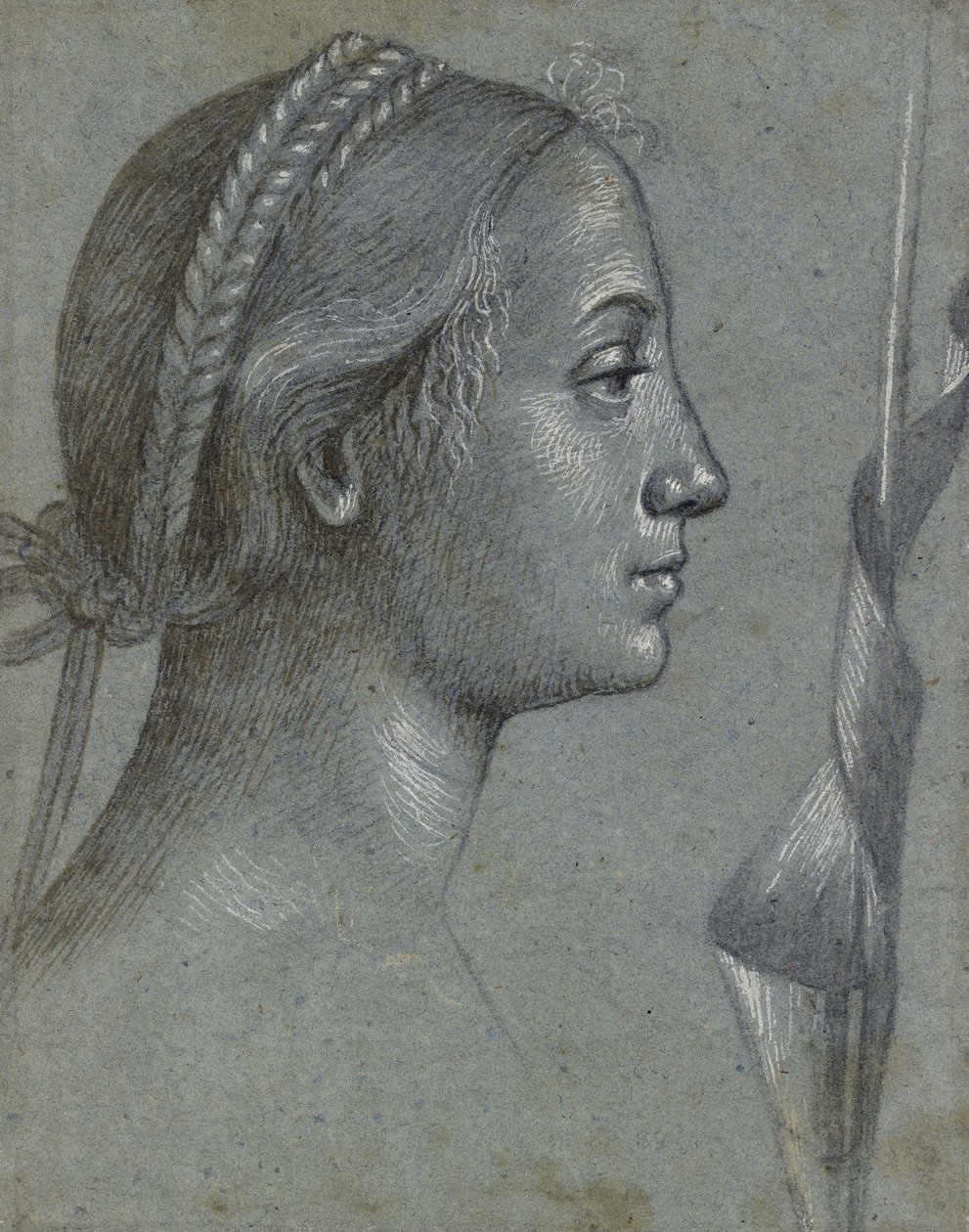 Recto: Hoofd van een vrouw met een wimpel om een paal gewikkeld door Vittore Carpaccio