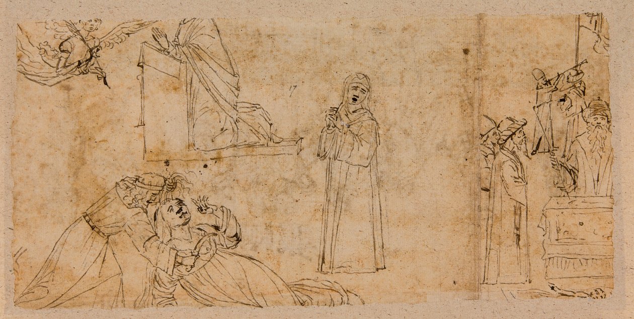 Studies voor een annunciatie; voor het martelaarschap van Sint Agatha; voor een rouwende Madonna (pen & inkt over krijt op papier) (verso van 5933930) door Vittore Carpaccio