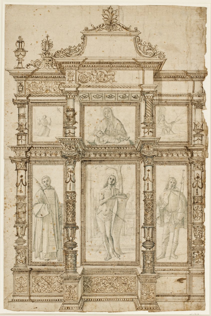 Studie voor een altaarstuk met zes afbeeldingen in een sierlijke lijststructuur. Boven: De stigmatisatie van St. Franciscus, Madonna en Kind, St. Hiëronymus in de wildernis; onder: St. Laurentius, Sebastiaan en Rochus door Vittore Carpaccio