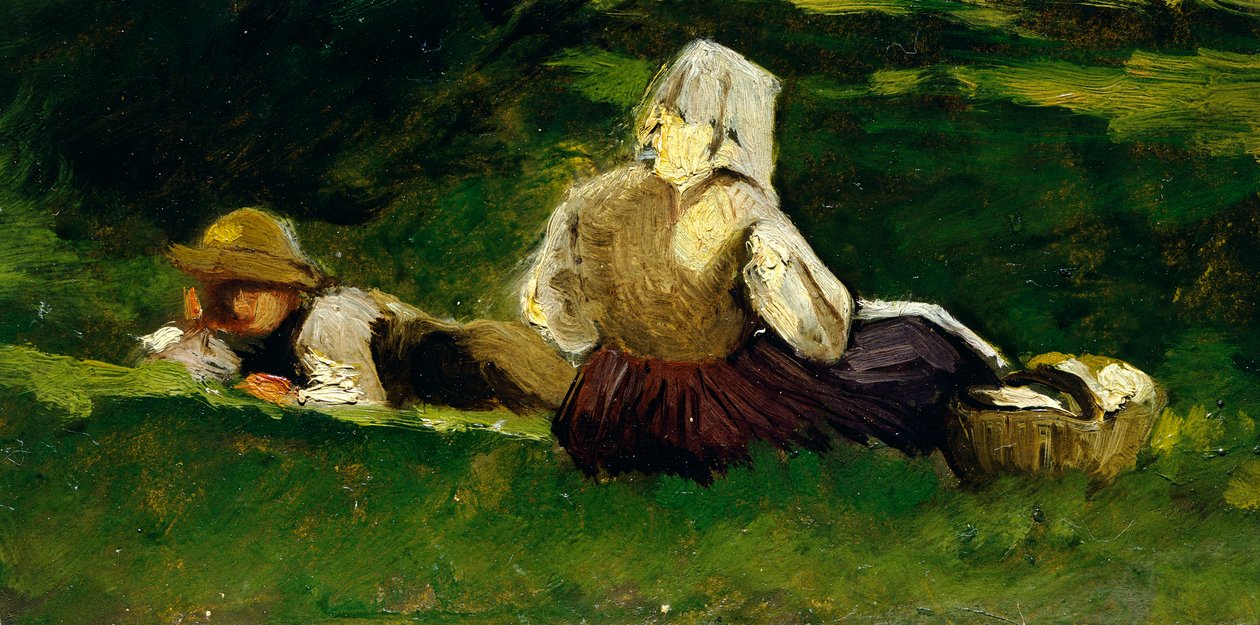 Zittende vrouw en jongen liggend op het gras, door Vittorio Avondo door Vittorio Avondo